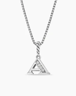 Pavé Initial Pendant Necklace Sterling Silver with Diamond A
