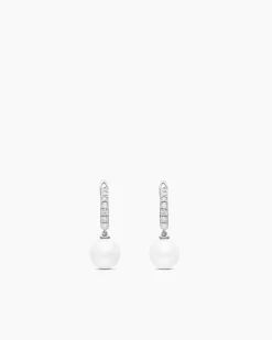 Pearl and Pavé Drop Earrings Sterling Silver with Pearls and Diamonds, 15.6mm