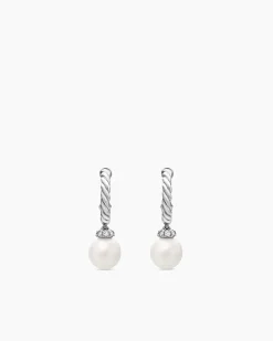 Pearl and Pavé Solari Drop Earrings Sterling Silver with Pearls and Diamonds, 18.4mm