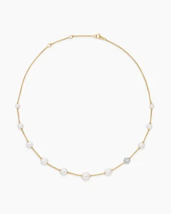 Pearl and Pavé Station Necklace 18K Yellow Gold with Pearls and Diamonds