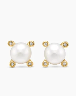 Pearl Stud Earrings 18K Yellow Gold with Pearls and Diamonds, 7.4mm