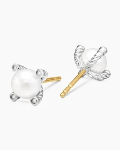 Pearl Stud Earrings Sterling Silver with Pearls and Diamonds, 7.4mm