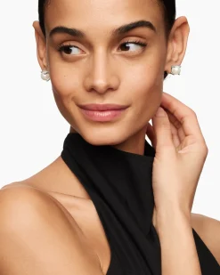 Pearl Stud Earrings Sterling Silver with Pearls and Diamonds, 14mm
