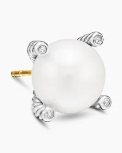 Pearl Stud Earrings Sterling Silver with Pearls and Diamonds, 14mm