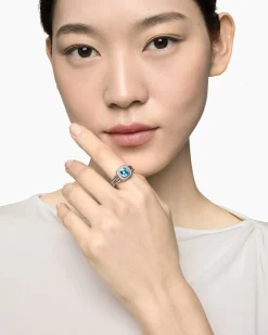 Petite Albion® Ring Sterling Silver with Blue Topaz and Diamonds, 7mm