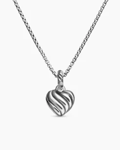 Petite Cable Heart Pendant Necklace Sterling Silver with 14K Yellow Gold and Diamonds, 17.1mm