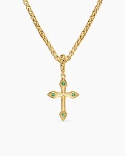 Petite Gothic Cross Amulet 18K Yellow Gold with Emeralds, 15.2mm