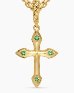 Petite Gothic Cross Amulet 18K Yellow Gold with Emeralds, 15.2mm