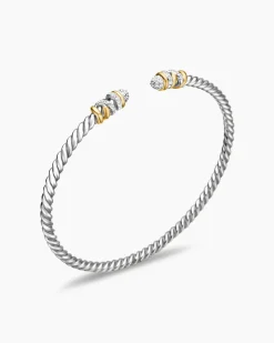 Petite Helena Classic Cable Bracelet Sterling Silver with 18K Yellow Gold and Diamonds, 3mm