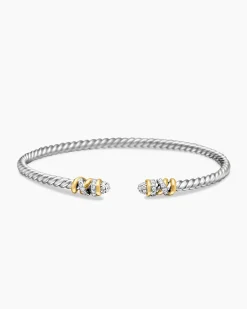 Petite Helena Classic Cable Bracelet Sterling Silver with 18K Yellow Gold and Diamonds, 3mm