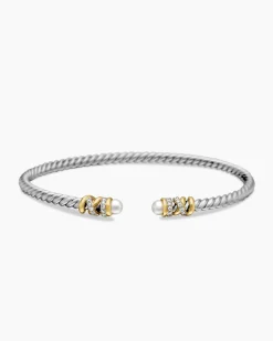 Petite Helena Classic Cable Bracelet Sterling Silver with 18K Yellow Gold, Pearls and Diamonds, 3mm