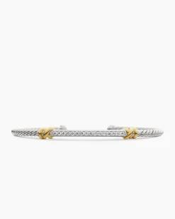 Petite Helena Classic Cable Station Bracelet Sterling Silver with 18K Yellow Gold with Diamonds, 3mm