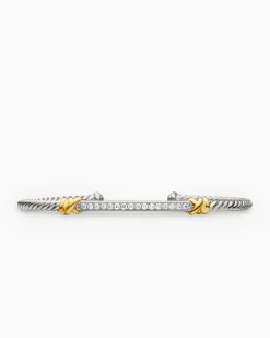 Petite Helena Classic Cable Station Bracelet Sterling Silver with 18K Yellow Gold with Diamonds, 3mm
