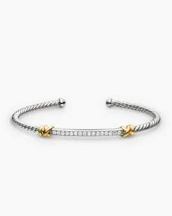 Petite Helena Classic Cable Station Bracelet Sterling Silver with 18K Yellow Gold with Diamonds, 3mm