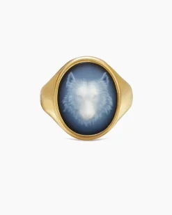 Petrvs® Wolf Signet Ring 18K Yellow Gold with Banded Agate, 21.5mm