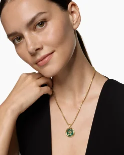 Protection and Health Duality Pendant 18K Yellow Gold with Dark Green Enamel, Emeralds and Diamonds, 22.3mm