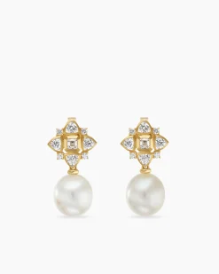 Renaissance® Pearl Trillion Drop Earrings 18K Yellow Gold with Pearls and Diamond, 26mm