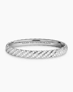 Sculpted Cable Bangle Bracelet 18K White Gold with Diamonds, 8mm