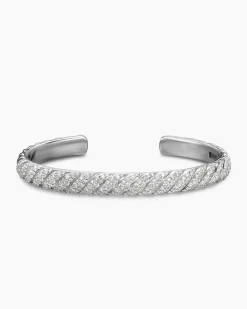 Sculpted Cable Cuff Bracelet 18K White Gold with Diamonds, 7mm
