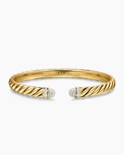 Sculpted Cable Cuff Bracelet 18K Yellow Gold with Pavé Diamond Domes, 6.2mm