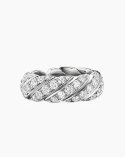 Sculpted Cable Flex Band Ring 18K White Gold with Diamonds, 7.5mm