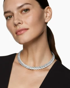 Sculpted Cable Flex Necklace 18K White Gold with Diamonds, 11mm