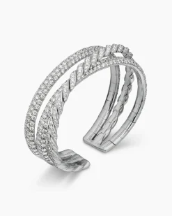 Sculpted Cable Flex Three Row Bracelet 18K White Gold with Diamonds, 18.5mm