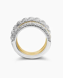 Sculpted Cable Four Row Ring 18K Gold with Diamonds, 15mm
