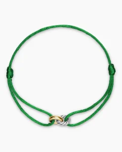 Sculpted Cable Linked Cord Bracelet Green Nylon with Sterling Silver and 14K Yellow Gold, 8.7mm
