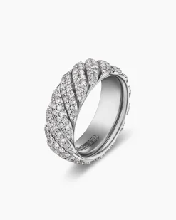 Sculpted Cable Pavé Band Ring 18K White Gold with Diamonds, 8.5mm