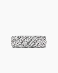 Sculpted Cable Pavé Band Ring 18K White Gold with Diamonds, 8.5mm