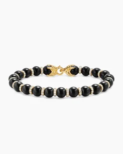 Spiritual Beads Bracelet 18K Yellow Gold with Black Onyx and Diamonds, 8mm