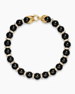 Spiritual Beads Bracelet 18K Yellow Gold with Black Onyx and Diamonds, 8mm