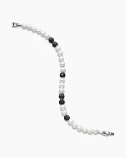 Spiritual Beads Bracelet Sterling Silver with Pearls and Pavé Black Diamonds, 6mm