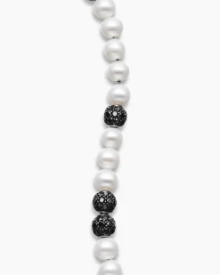 Spiritual Beads Bracelet Sterling Silver with Pearls and Pavé Black Diamonds, 6mm