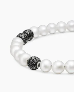 Spiritual Beads Bracelet Sterling Silver with Pearls and Pavé Black Diamonds, 6mm