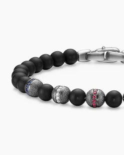 Spiritual Beads Flag Bracelet Sterling Silver with Black Onyx, Sapphires, Diamonds and Rubies, 6mm
