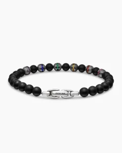 Spiritual Beads Rainbow Bracelet Sterling Silver with Black Onyx, Sapphires and Tsavorites, 6mm