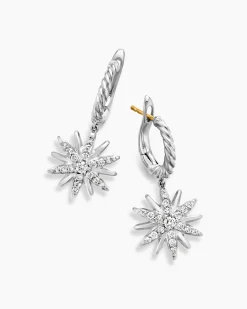 Starburst Drop Earrings Sterling Silver with Diamonds, 25mm