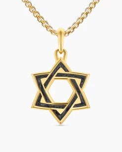 Star of David Amulet 18K Yellow Gold with Forged Carbon, 25mm