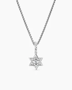 Star of David Pendant Necklace Sterling Silver with Diamonds, 12mm