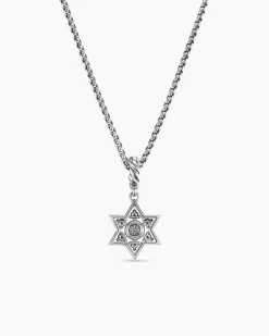 Star of David Pendant Necklace Sterling Silver with Diamonds, 12mm
