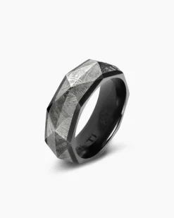 Torqued Faceted Band Ring Black Titanium with Meteorite, 8.5mm