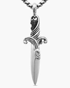 Waves Dagger Amulet Sterling Silver with Black Diamonds, 44mm