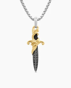 Waves Dagger Amulet Sterling Silver with 18K Yellow Gold and Black Diamonds, 44mm