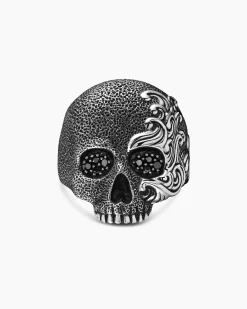 Waves Skull Ring Sterling Silver with Black Diamonds, 24mm