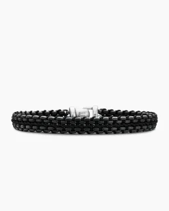 Woven Box Chain Bracelet Sterling Silver with Black Stainless Steel and Black Nylon, 10mm