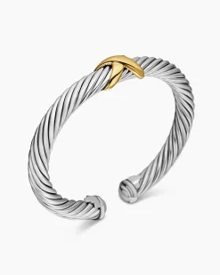 X Classic Cable Station Bracelet Sterling Silver with 14K Yellow Gold, 7mm