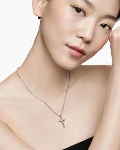 X Cross Necklace Sterling Silver with 14K Yellow Gold and Diamonds, 31.7mm